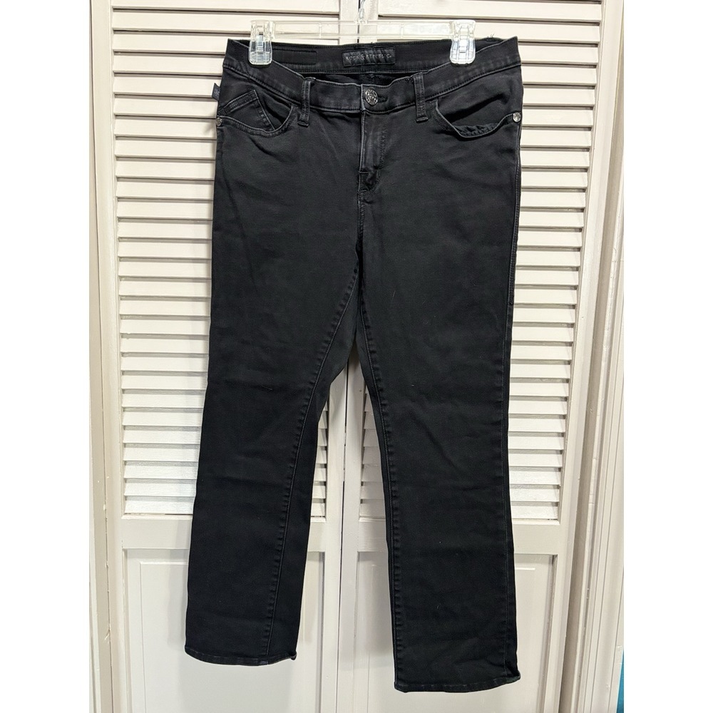 Rock & Republic Kendall Black Crop Denim Jeans Size 12 Mid Rise Pockets Zip Logo